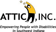 ATTIC, Inc. logo featuring the word “ATTIC, INC.” in black text with a stylized yellow-and-black attic roof and ladder graphic above the letters. Three small stars appear above the roof. Below the company name is the tagline: “Empowering People with Disabilities.”