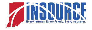 INSOURCE — Indiana Disability Alliance Community Partner INSOURCE logo featuring a red outline of Indiana, large blue 'INSOURCE' text crossed by an arc, and the tagline 'Every learner. Every family. Every educator.'