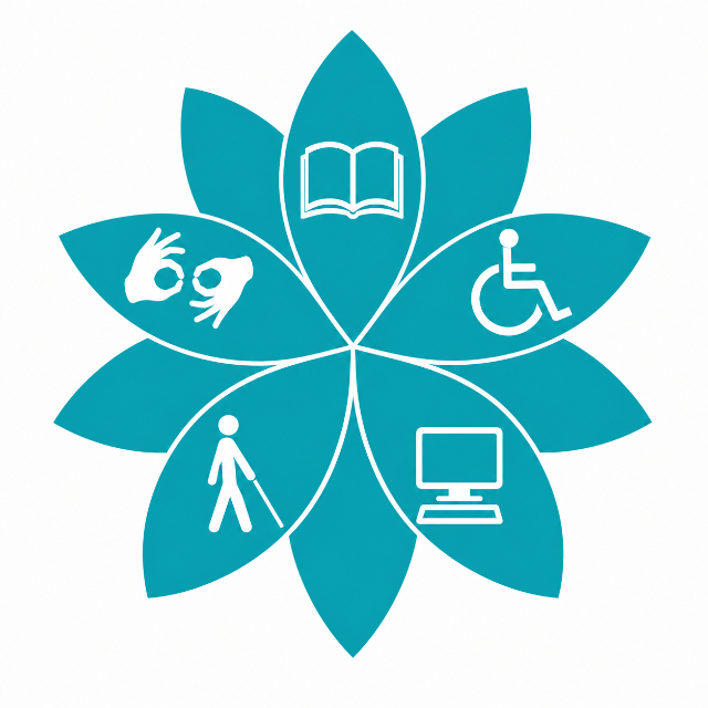 SICIL Logo Teal flower-shaped logo with six overlapping petals outlined in white. Each petal contains a white accessibility-related symbol: an open book, a wheelchair user, a computer monitor, a person using a white cane, and hands forming an American Sign Language gesture. The petals converge at the center, representing different forms of accessibility, communication, technology, education, and independent living.