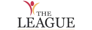 The League — Indiana Disability Alliance Community Partner The League logo featuring a red and gold abstract human figure above the words 'THE LEAGUE' in large dark serif lettering.