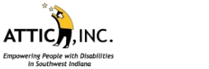 ATTIC, Inc. logo featuring the word “ATTIC, INC.” in black text with a stylized yellow-and-black attic roof and ladder graphic above the letters. Three small stars appear above the roof. Below the company name is the tagline: “Empowering People with Disabilities.”