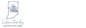 Logo for Indiana Families United for Care featuring a blue outline of the state of Indiana. Inside the state outline is a line-art illustration of a house with hands surrounding a medical cross and a heart symbol, representing family support and care. Below the graphic, the text reads “Indiana Families” in a script font and “UNITED FOR CARE” in uppercase letters. The logo is displayed in blue on a white background.