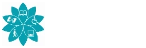 Teal flower-shaped logo with six overlapping petals outlined in white. Each petal contains a white accessibility-related symbol: an open book, a wheelchair user, a computer monitor, a person using a white cane, and hands forming an American Sign Language gesture. The petals converge at the center, representing different forms of accessibility, communication, technology, education, and independent living.